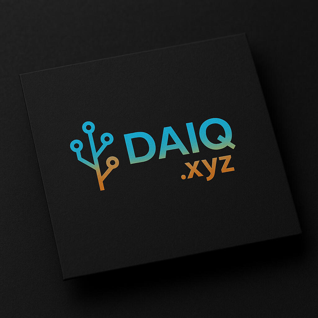 Matte‑black business card featuring the DAIQ.xyz logo and circuit‑branch icon in an electric blue‑to‑orange gradient
